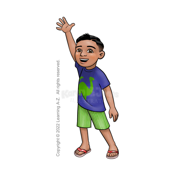 A boy, aged 4-6 stands with his arm raised. He might be waving or raising his hand to answer a question. He's Native Hawaiian or Pacific Islander. He's wearing a shirt with a dinosaur printed on it, striped shorts, and flip-flop sandals.