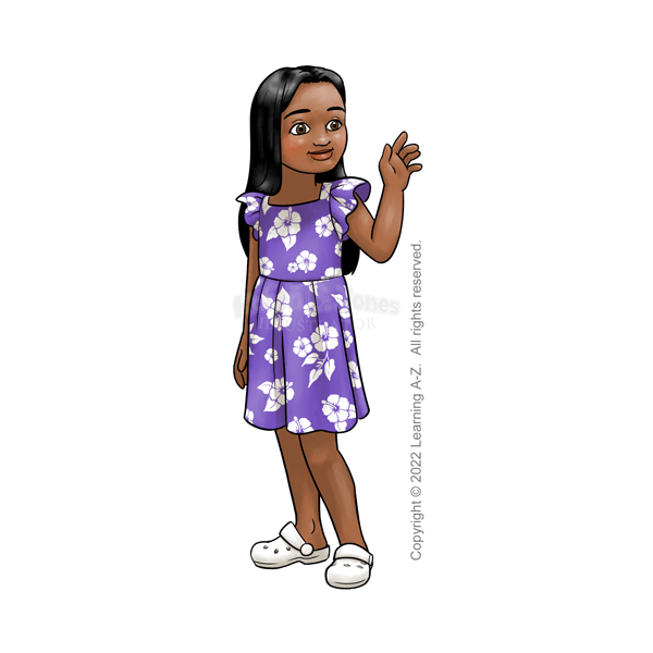 A girl, aged 7-9, stands with one hand raised in a wave. She is wearing a muumuu dress with a traditional two-toned floral print in purple and white. She's wearing white crocs. Her hair is long and worn loose.