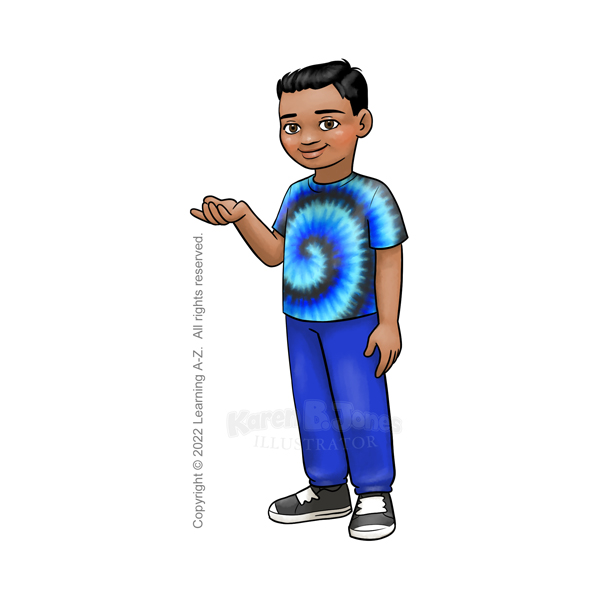 A boy, aged 7-9, stands with one hand held up in a gesturing position. He is wearing a black and blue tie die t-shirt, blue sweatpants, and black sneakers.