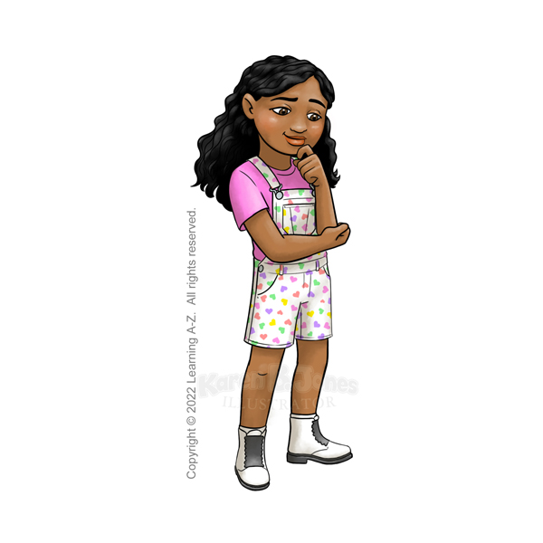 A girl, age 7-9, stands in a thinking pose.  She is Native Hawaiian or Pacific Islander.  She's wearing white short overalls with a multi-colored heart print.  She's also wearing a pink t-shirt and white boots.  Her hair is long and wavy.  
