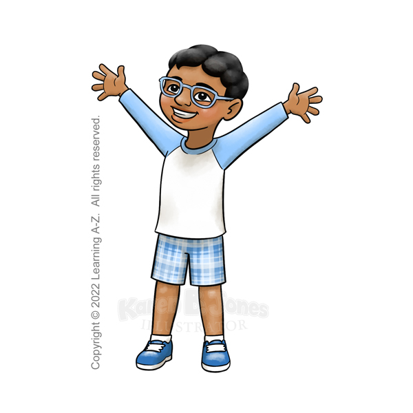 A Middle Eastern boy, aged 4-6, stands with a big smile on his face and his arms up and open wide.  He's wearing a long-sleeved t-shirt, plaid shorts, and sneakers.  He also has glasses.  His hair is black.  