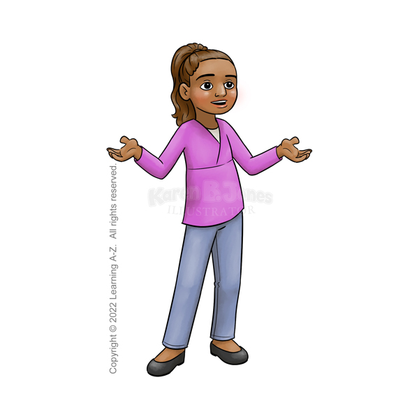 A Middle Eastern girl, aged 7-9, stands with both arms as if gesturing while talking.  She's wearing a wrap-style shirt over a t-shirt, jeans, and flats. Her medium-dark brown hair is pulled back into a ponytail.  