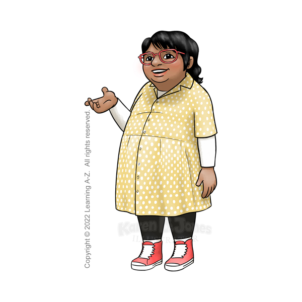A child, aged 7-9, stands with one hand up as if gesturing.  They are wearing a yellow button-up dress, with a long-sleeved t-shirt and leggings underneath. They're wearing red high-top sneakers and glasses.  The child is Middle Eastern and has a larger body type.  Their gender is ambiguous, but it possibly reads a little more male than female.  
