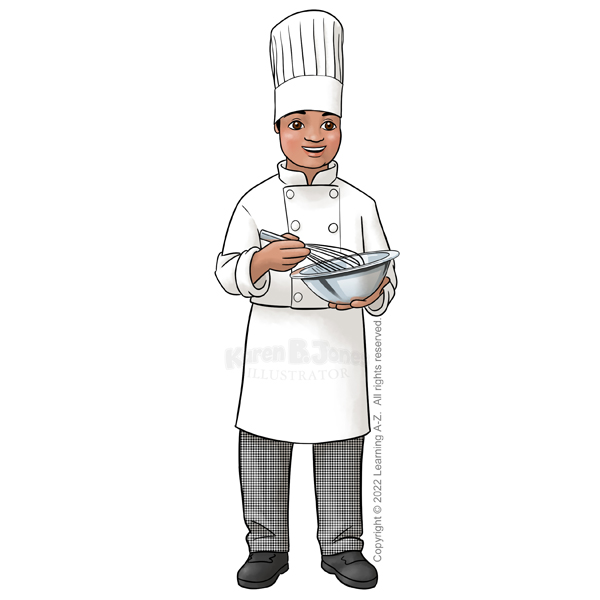 A cartoon illustration of an androgenous Hawaiian / Pacific Islander dressed in a traditional chef's uniform.  They are standing casually.  One hand is holding a medium sized stainless steel mixing bowl.  The other hand is holding a large stainless whisk that's hovering over the bowl.  They are looking at the viewer.  The chef's uniform includes black and white checkered pants, long white apron tied at the waist, white chef's coat with buttons, and a chef's hat.  

The image is watermarked with the artist's logo and a line of text noting the client's copyright as, "Copyright (c) 2022 Learning A-Z.  All rights reserved."