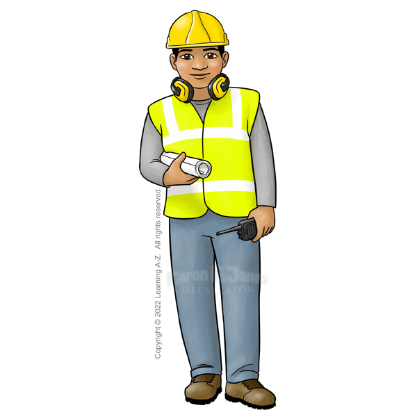 A cartoon illustration of an East Asian
man dressed as a construction worker or contractor. He's standing casually.  Under one arm is a long rolled up set of blueprints.  The other hand is holding a walkie talkie.  He is looking at the viewer with a neutral expression.  He's wearing jeans, work boots, long-sleeved t-shirt, a bright neon yellow reflective vest, a hard-hat, and has protective ear wear around his neck.  

The image is watermarked with the artist's logo and a line of text noting the client's copyright as, "Copyright (c) 2022 Learning A-Z.  All rights reserved."