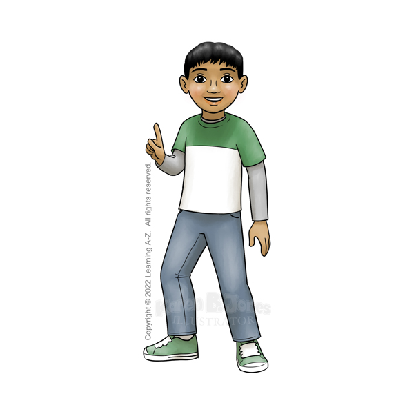 A Middle Eastern boy stands with one hand up, index finger raised.  He's wearing a green and white two-toned t-shirt over a gray long-sleeved shirt.  He's got on blue jeans and green converse-style sneakers.  