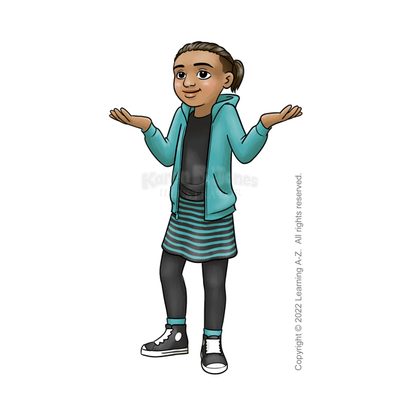 A Middle Eastern child stands with arms up in a shrugging gesture.  Their dark brown hair is pulled back into a ponytail and cut in an undercut style.  They're wearing a black and turquois outfit consisting of a horizontally striped miniskirt, leggings, high-top sneakers, socks, a t-shirt, and a hoodie.  