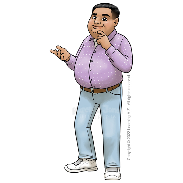 A Middle Eastern man standing with one hand raised as if gesturing and the other touching his chin as if thinking.  He's wearing jeans, sneakers, and a button-up shirt.  He has a larger body type with a prominent belly.  