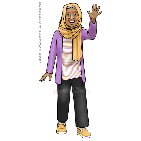 An elderly Middle Eastern woman is walking towards the viewer with one hand raised as if waving.  She's smiling and looks like she's moving carefully.  She has a yellow hijab, white, yellow, and light purple horizontally striped shirt, light purple cardigan, loose black pants, and yellow slide-on sneakers.  
