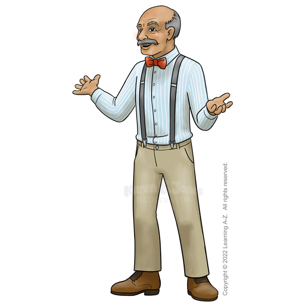 An old man stands with arms wide, gesturing while speaking.  He has a mustache and his hair is bald on top.  He's wearing a blue and white striped button-up shirt, a red bow tie, suspenders, tan trousers, and brown boots.  