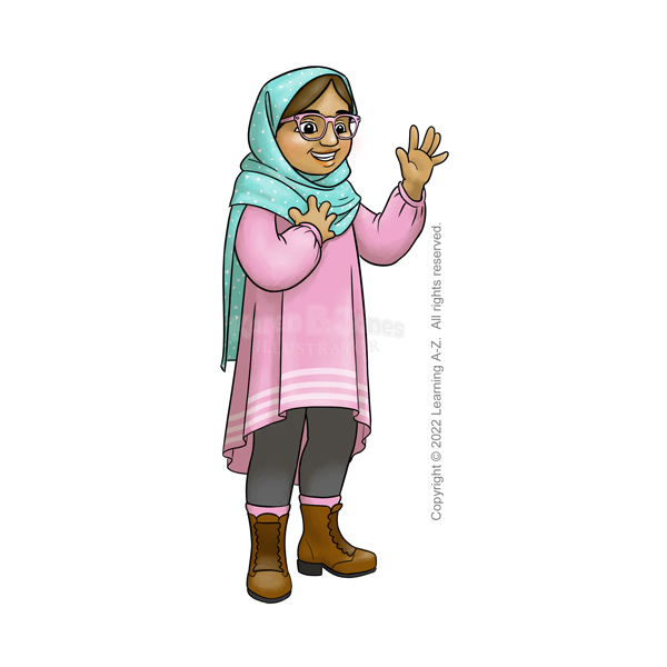 A Muslim girl stands with one hand up, waving.  She is wearing pink glasses and a light blue hijab with white polka dots.  She is also wearing a pink, long-sleeved tunic that's shorter in the front than the back with gathered sleeves and three stripes along the bottom hem.  She has on black leggings, pink socks, and brown lace-up boots.  