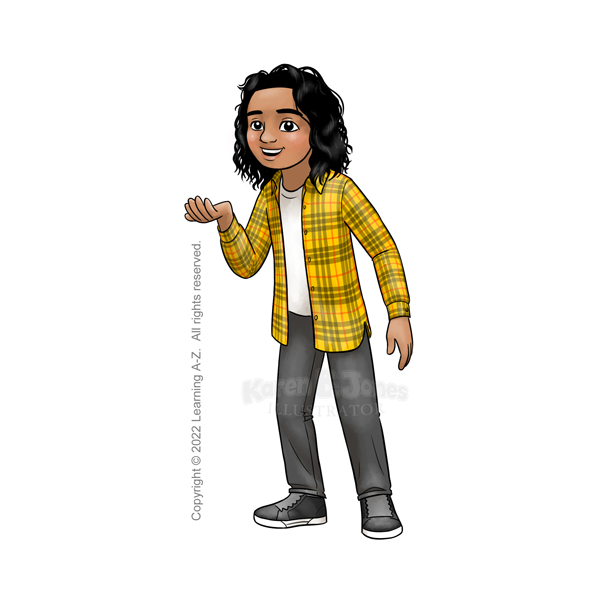 A cartoon illustration of an Indigenous American boy standing with one hand raised as if holding something.  He is smiling and has long, shaggy, black hair.  He's wearing black jeans, black sneakers, a white t-shirt, and a yellow plaid overshirt.  