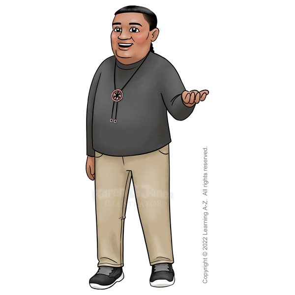 A cartoon illustration of a middle-aged Indigenous American man.  He's standing with one hand up as if gesturing as he speaks.  He's wearing a black sweatshirt, khaki pants, and black sneakers.  He has a beaded necklace and his long, black hair is in a low braid.  He has a larger body type.  
