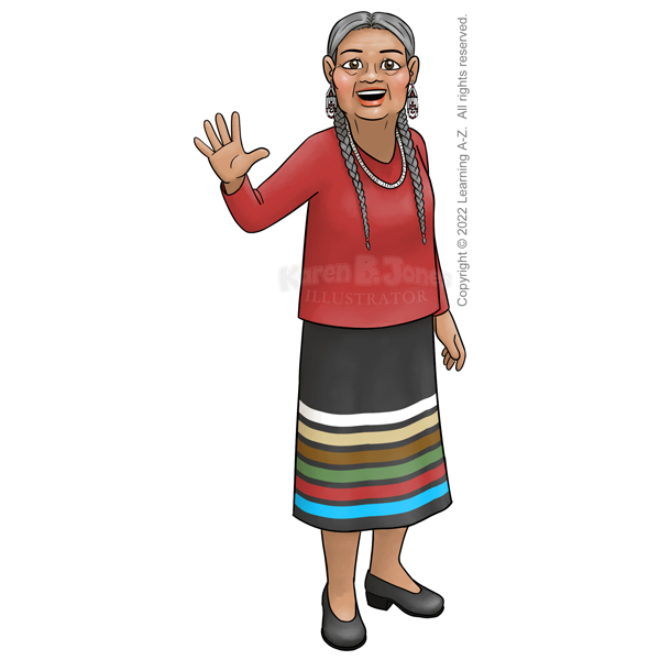 A cartoon illustration of an elderly Indigenous American woman.  She's standing, waving, and smiling.  She is wearing a traditional ribbon skirt, low heels, and a red blouse.  She has a shell bead necklace and beaded earrings.  Her long gray hair is in two braids.  