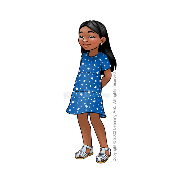 A cartoon of an Indigenous American girl standing with her hands behind her back.  She is aged 7-9 with long black hair worn loose.  She has a small smile that reaches her eyes.  She's wearing a dark blue dress with white stars, earrings, and silver sandals.  