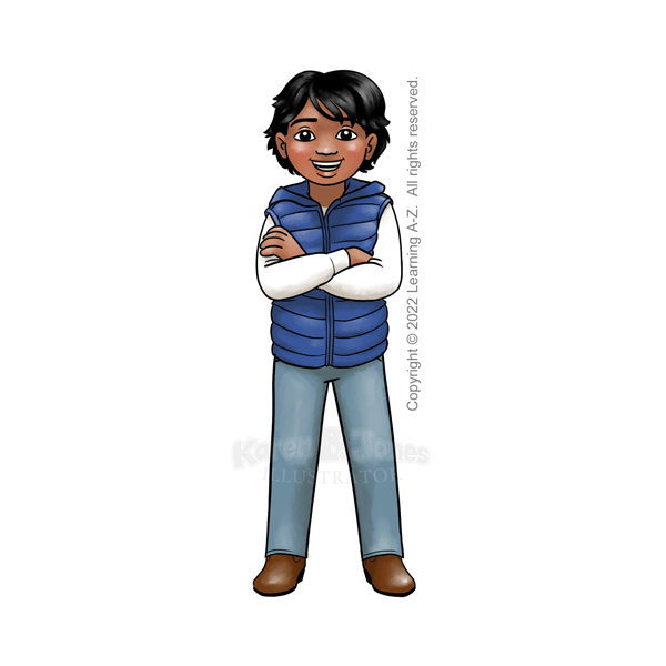 A cartoon of an Indigenous American boy standing with his arms crossed over his chest.  He has a big smile and has shaggy hair.  He's wearing jeans, cowboy boots, and a blue puffer vest over a white long-sleeved shirt.  