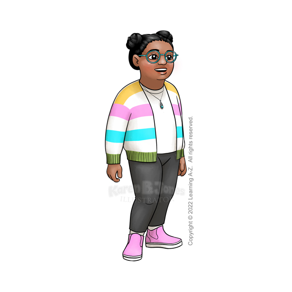 A cartoon illustration of an Indigenous American girl aged 10-12.  She has glasses and a larger body type.  She's standing.  Her long, black hair is in space buns.  She's wearing slip-on high top sneakers, leggings, a t-shir, and a cardigan with white, green, turquois, pink, and yellow stripes.  She's wearing a silver and turquois pendant necklace.  