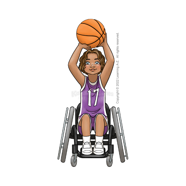 A cartoon illustration of a latine child shooting a basketball while seated in a sports wheelchair.  They are wearing a basketball uniform and sneakers.  Their number is 17.  