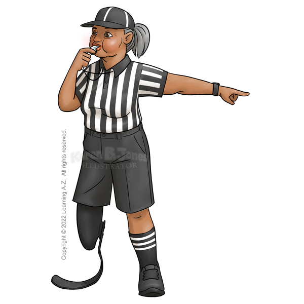 An older woman of Native Hawaiian or Pacific Islander heritage is working as a referee.  She is blowing on a whistle while pointing to the side.  She is wearing a referee's uniform and has an athletic-style prosthetic leg below the knee.  