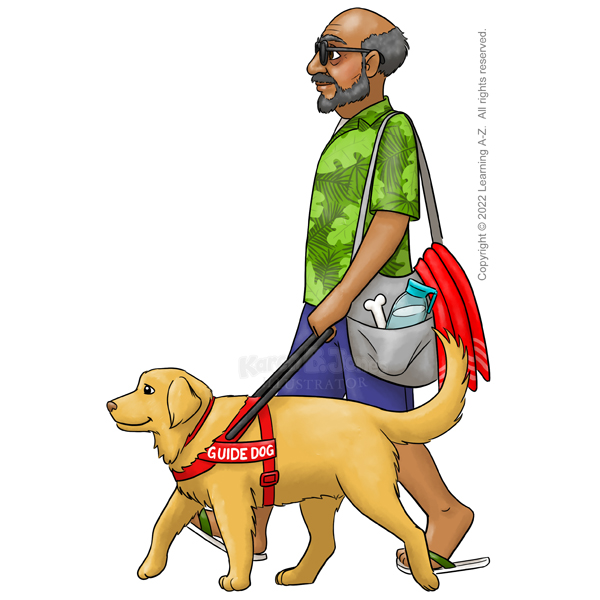 A cartoon illustration of a old, blind South Asian man walking with a guide dog.  He is wearing beach clothes including sunglasses, a Hawaiian shirt, shots, and flip-flop sandals.  He's also carrying a bag with beach supplies including a towel, water bottle, and dog bone.  He has a mustache and beard and is half-bald.  