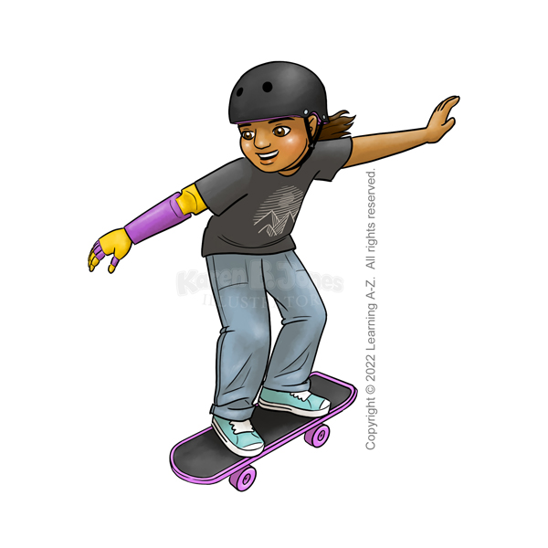 A cartoon illustration of a child riding a skateboard.  The child is gender ambiguous and has a prosthetic arm. They are wearing a helmet, t-shirt, loose jeans, and sneakers.  They have medium-length, brown hair