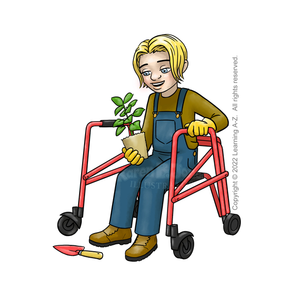A cartoon illustration of a white child sitting on the built-in bench on a walker.  They have blonde hair and are holding a plant.  There is a hand trowel on the ground at their feet.  They are wearing a long-sleeved t-shirt under a pair of overalls, garden gloves, and work boots.  