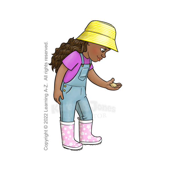 A little latina girl holds out a small handful of seeds. She's 4-6 years old. She's wearing bib overalls, a pink t-shirt, yellow and white striped bucket hat, and pink rubber boots with a white floral pattern. She has long, dark brown, curly hair.