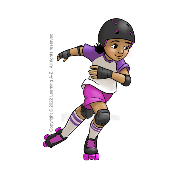A Latine child, aged 10-12, is skating fast doing a cross-over, with only one skate currently on the ground. They are wearing a helmet, hand/wrist guards, knee pads, and elbow pads. They are wearing a t-shirt, shorts, knee-high socks, and quad-style roller derby skates. Their black hair is a little past shoulder length and is flying out behind them.