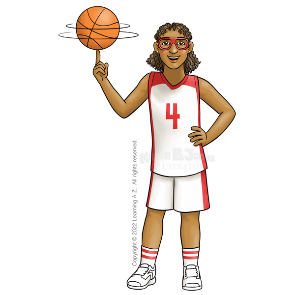 A Latine basketball player stands while spinning a basketball on one finger.  They are wearing a white and red basketball uniform, white sneakers, and goggle-style glasses.  They have one hand on their hip.  Their medium brown hair is curly and shoulder length.  
