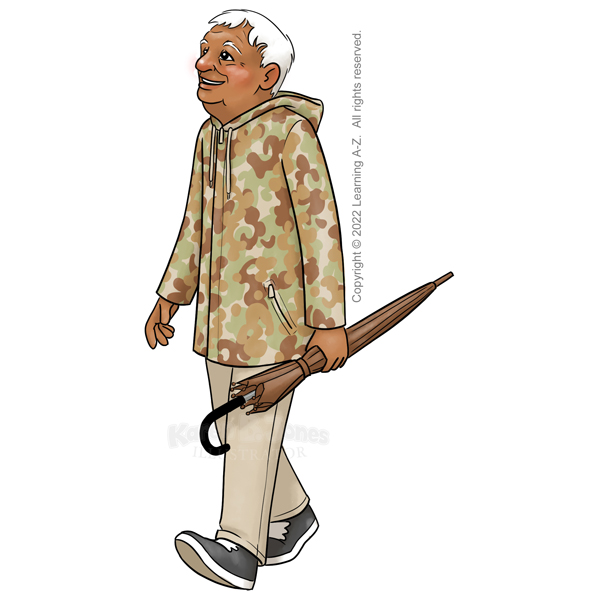 An old Latino man is walking outside.  He is prepared for rain with a camouflage print raincoat, brown umbrella, khaki pants, and black sneakers.  His hair is pure white.  