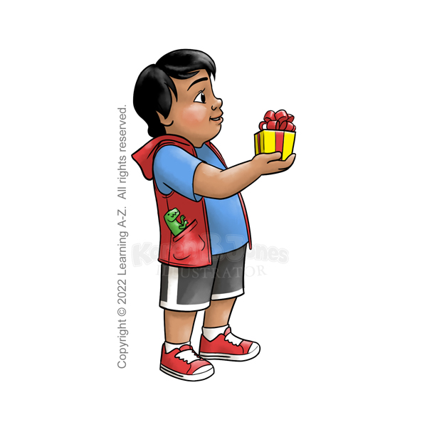 A 4-6 year old, latino boy stands holding out a small, wrapped gift.  The gift is wrapped in yellow paper with a red ribbon and bow.  He is wearing a blue t-shirt, red hooded vest, black and white shorts, and red sneakers.  He has a green t-rex toy in his pocket.  His hair is black and straight.  He has a larger body size.  