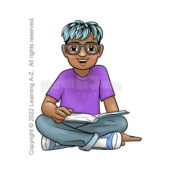 A Latino boy, aged 7-9, sits with his legs crossed and a book in his lap. He wears glasses and has the tips of his short black hair dyed a pale blue. He is wearing a purple t-shirt, jeans with the cuffs rolled, and blue sneakers. He is smiling and looking at the viewer.