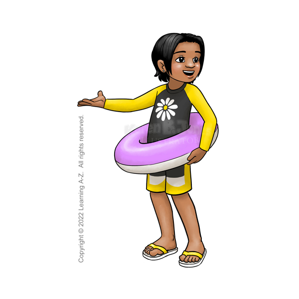 A Latine child, aged 7-9, stands with one hand gesturing off to their right while looking off to their left.  They are wearing swim shorts, a long-sleeved swim shirt, and flip-flops.  The clothes are matching black, yellow, and white with a daisy on the front.  They are holding a white and pink inner tube around their waist.  Their hair is black, straight, and just shy of shoulder length without bangs.  