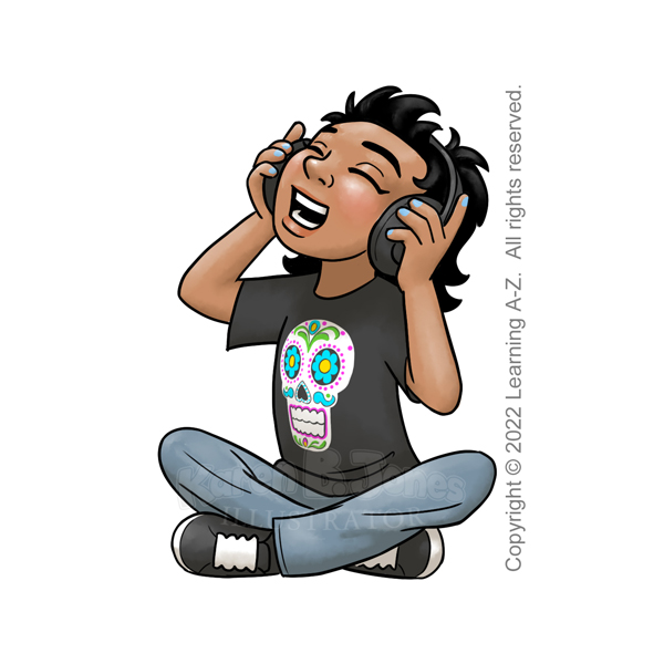 A Latine child, aged 7-9, sits cross-legged while listening to music on a set of large headphones with their eyes closed. They are probably head-banging a little. They are wearing black sneakers, jeans, and a black t-shirt with a Día de Muertos skull print. Their hair is black, shoulder length, and messy. They have blue nail polish.