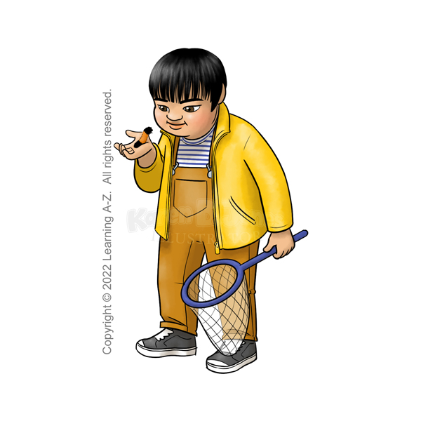 An East Asian boy aged 4-6 holding a wooly bear caterpillar and a bug net.  He is wearing yellow overalls, a striped t-shirt, light jacket, and sneakers.  He is standing and looking at the caterpillar.  The image includes a watermark for the illustrator and text noting that the image is copyright © 2022 Learning A-Z.  