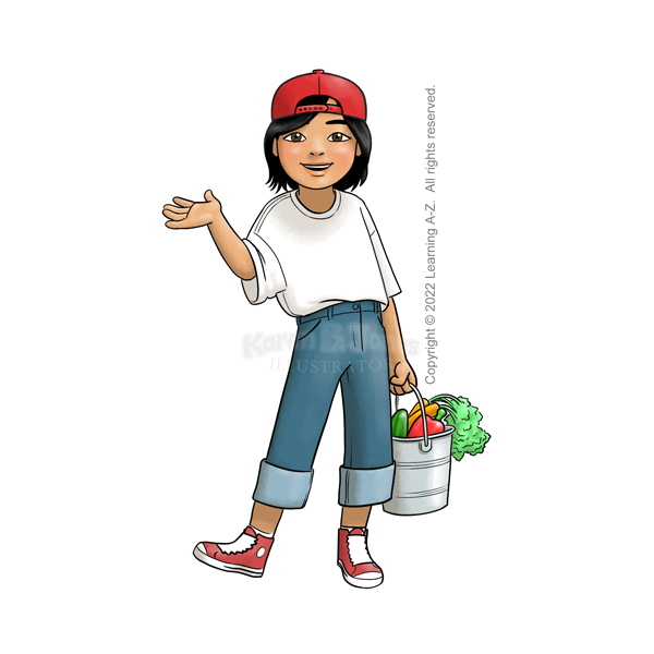 An East Asian child, aged 10-12, stands holding a galvanized bucket of fresh vegetables.  Two carrots, a cucumber, and a red bell pepper are visible.  They are wearing a red baseball cap backwards over chin-length black hair.  They are wearing an oversized white t-shirt tucked into wide-legged jeans with wide cuffs rolled to mid-calf, and red hi-top sneakers.  

The image includes a watermark for the illustrator and text noting that the image is copyright © 2022 Learning A-Z.  