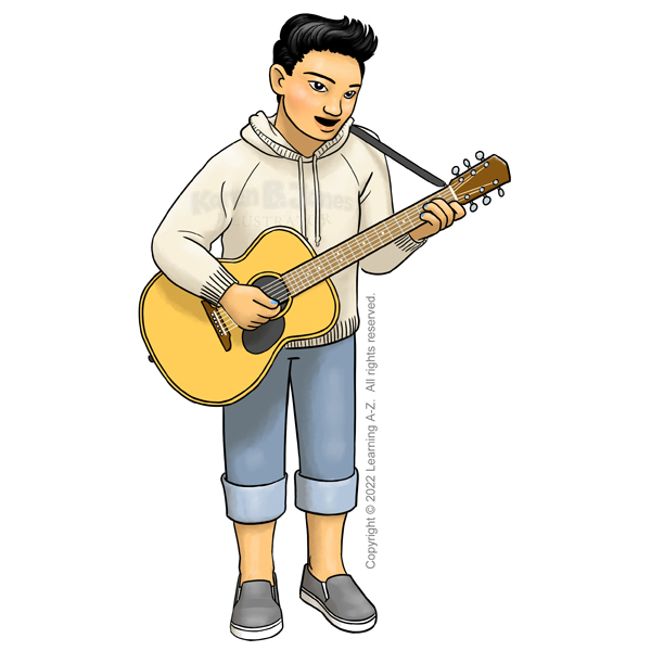 An East Asian person stands playing an acoustic guitar.  Their black hair is in a pompadour style.  They are wearing a cream sweater with a hood, jeans with wide cuffs rolled up to mid-calf, and slip-on sneakers.  They have blue nail polish.  

The image includes a watermark for the illustrator and text noting that the image is copyright © 2022 Learning A-Z.  