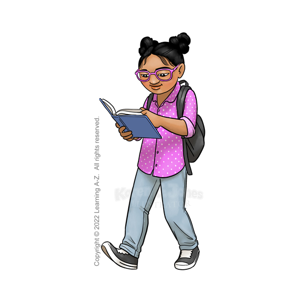 A girl aged 7-9 walks while reading a book.  She has eyeglasses and a backpack. She's wearing a pink shirt with a white polka dot pattern, jeans, and sneakers.  Her hair is in space buns.  

The image includes a watermark for the illustrator and text noting that the image is copyright © 2022 Learning A-Z.  