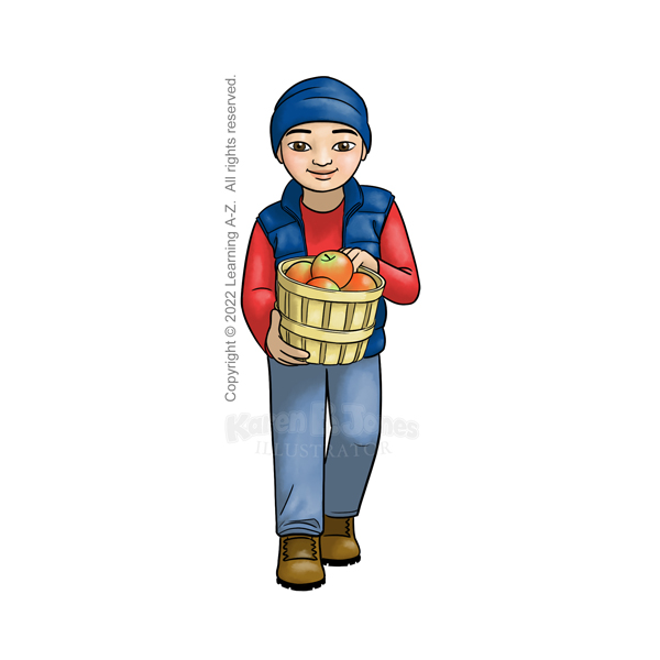 An East Asian boy aged 7-9 is walking towards the viewer holding a bushel basket of apples.  He has a navy stocking hat on his head.  He's wearing a red shirt, navy puffer vest, jeans, and work boots.  

The image includes a watermark for the illustrator and text noting that the image is copyright © 2022 Learning A-Z.  