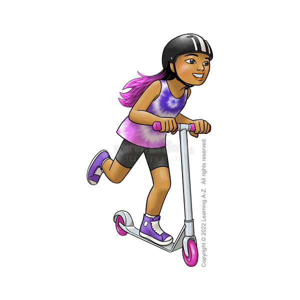 An East Asian girl, aged 10-12, smiles into the wind as she rides her kick scooter.  Her long black hair is worn loose flying behind her, and she has the ends ombre dyed pink. She is wearing a white-striped black helmet, purple and pink tie-dyed tank top, black biker shorts, and purple sneakers.  

The image includes a watermark for the illustrator and text noting that the image is copyright © 2022 Learning A-Z.  