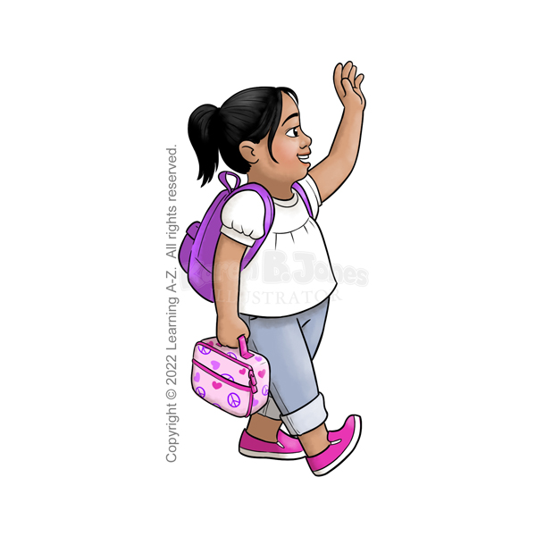 A little Southeast Asian girl walking to school, isolated on white.  She has one hand up in a wave and is walking to the viewer's right.  Her black hair is pulled back in a ponytail.  She's wearing a purple backpack and carrying a pink insulated lunch pack decorated with hearts and peace signs.  She's wearing a white empire waisted blouse with short puffed sleeves.  Her jeans are rolled up to capri-length.  Her shoes are pink, slide-on sneakers.  

The image is watermarked with the artist's logo and line of text noting the client's copyright as, "Copyright (c) 2022 Learning A-Z.  All rights reserved."