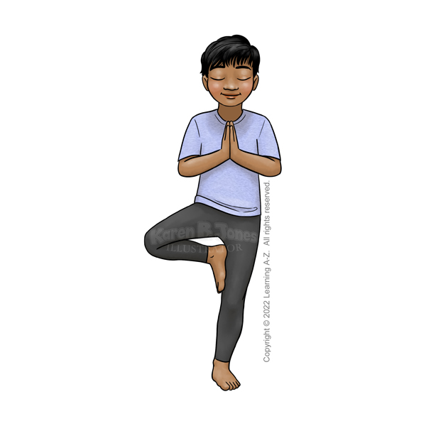 A Southeast Asian child aged 14 or 15 stands in the tree pose. They are wearing a t-shirt and leggings with bare feet.  The character's gender is ambiguous.  Their short hair is long enough to be a bit shaggy.  

The image is watermarked with the artist's logo and a line of text noting the client's copyright as, "Copyright (c) 2022 Learning A-Z.  All rights reserved."