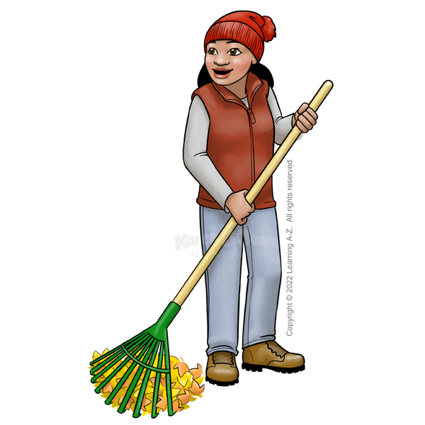 A Southeast Asian woman stands raking leaves. She is wearing a knit hat, long-sleeved t-shirts, fleece vest, jeans, and work boots.
The image is watermarked with the artist's logo and a line of text noting the client's copyright as, "Copyright (c) 2022 Learning A-Z. All rights reserved."