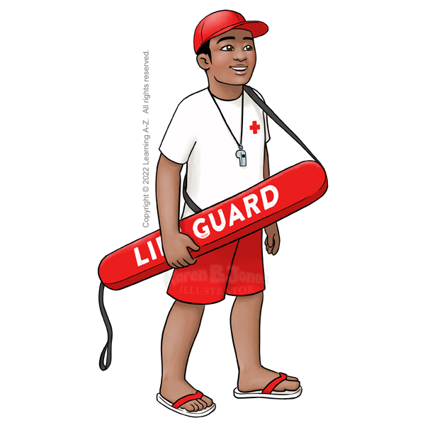 A Southeast Asian man in a life guard uniform stands holding a rescue float.  

The image is watermarked with the artist's logo and a line of text noting the client's copyright as, "Copyright (c) 2022 Learning A-Z.  All rights reserved."