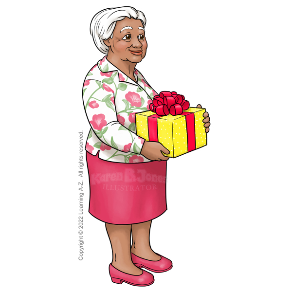An elderly Southeast Asian woman stands holding a wrapped gift. She is wearing a floral blouse, straight skirt, and matching pink shoes. Her hair is short and white.
The image is watermarked with the artist's logo and a line of text noting the client's copyright as, "Copyright (c) 2022 Learning A-Z. All rights reserved."