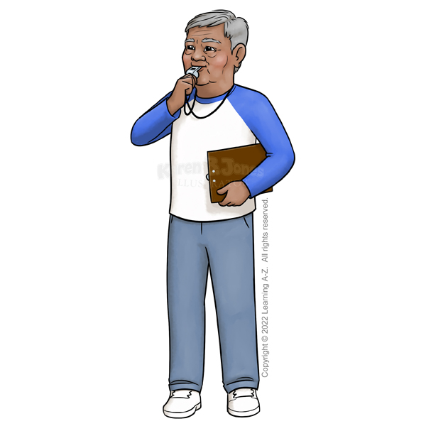 A old, Southeast Asian man is coaching a sports team.  He's blowing on a whistle and holding a clipboard.  He's wearing a long-sleeved shirt, jeans, and sneakers.  His short hair is gray.  

The image is watermarked with the artist's logo and a line of text noting the client's copyright as, "Copyright (c) 2022 Learning A-Z.  All rights reserved."