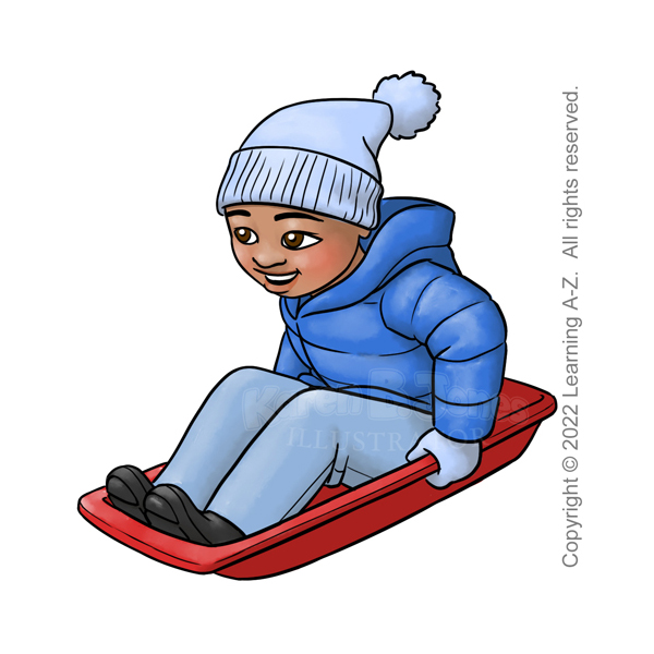 A Southeast Asian boy, age 7-9, sits in a red, plastic sled.  He's bundled up in winter clothes.  He's wearing black snow boots, jeans, a blue puffy coat with hood, light blue mittens, and a matching light blue knit hat.  

The image is watermarked with the artist's logo and a line of text noting the client's copyright as, "Copyright (c) 2022 Learning A-Z.  All rights reserved."