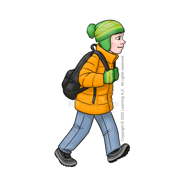 A white boy aged 10-12 is pictured in profile to the viewer and walking to the viewer's right.  He is bundled up in a puffy orange coat, jeans, snow boots,  matching green knit hat and mittens, and a black backpack.  

The image is watermarked with the artist's logo and a line of text noting the client's copyright as, "Copyright (c) 2022 Learning A-Z.  All rights reserved."
