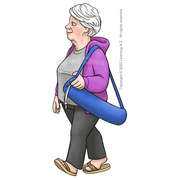 An old white lady viewed in profile walking to the viewer's left. She has short white hair cut in a bob and grey eyes. She is dressed in black yoga pants, a heathered gray t-shirt, and a purple zip-up hoodie. She's wearing brown flip-flop sandals and carrying a yoga matt rolled up in a carrying bag. She has a larger body size.
The image is watermarked with the artist's logo and a line of text noting the client's copyright as, "Copyright (c) 2022 Learning A-Z. All rights reserved."