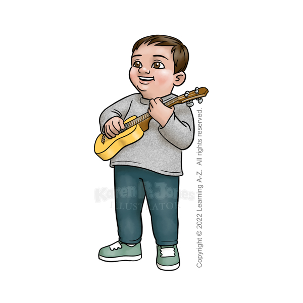 A chubby little white boy aged 4-6.  He is standing while playing a ukulele. His hair and eyes are dark brown.  He's wearing a heathered grey sweatshirt, navy sweatpants, and green sneakers.  

The image is watermarked with the artist's logo and a line of text noting the client's copyright as, "Copyright (c) 2022 Learning A-Z.  All rights reserved."